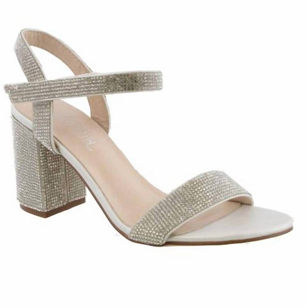 NEW DE BLOSSOM COLLECTION women's rhinestone low block velcro strap heels in sil